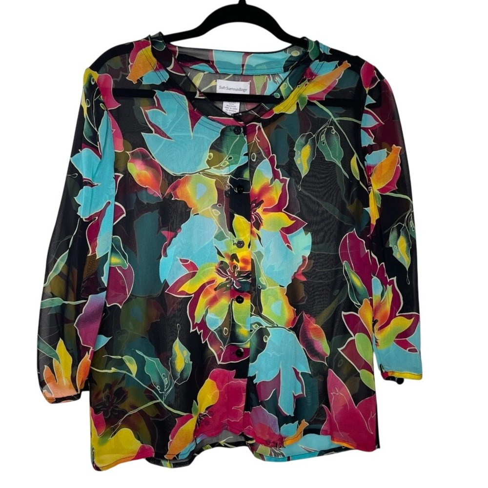 Soft Surroundings Blouse‎ Women Medium Black Floral 100% Silk Sheer Resortwear